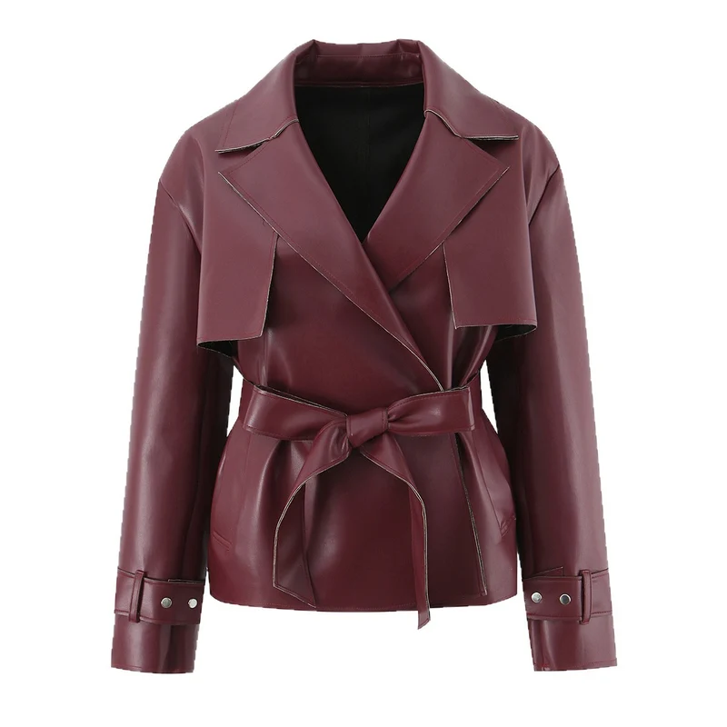 Damen Taillierte kurze Trenchjacke mit Bindegürtel und Cape-Detail aus veganer Lederoptik Nord Taschen