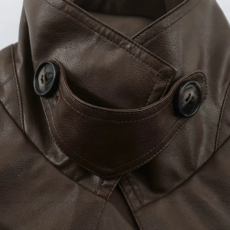 Damen taillierte Cropped Kunstlederjacke mit Bindegürtel und asymmetrischer Knopfleiste Nord Taschen