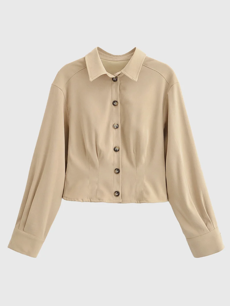 Damen Taillierte Cropped-Hemdjacke mit Wiener Nähten und Ballonärmeln Nord Taschen