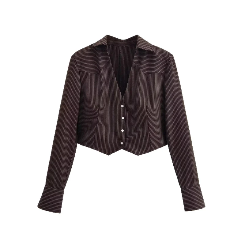 Damen Taillierte Cropped-Hemdbluse im Nadelstreifen mit tiefem V-Ausschnitt Nord Taschen