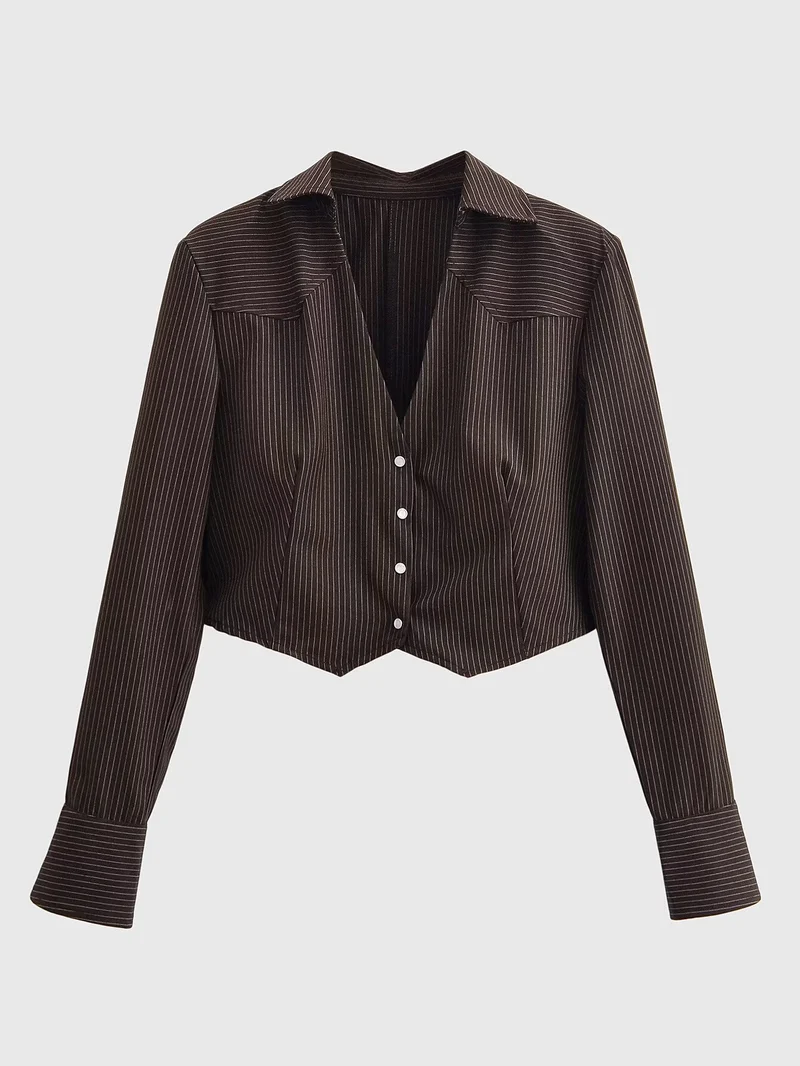 Damen Taillierte Cropped-Hemdbluse im Nadelstreifen mit tiefem V-Ausschnitt Nord Taschen
