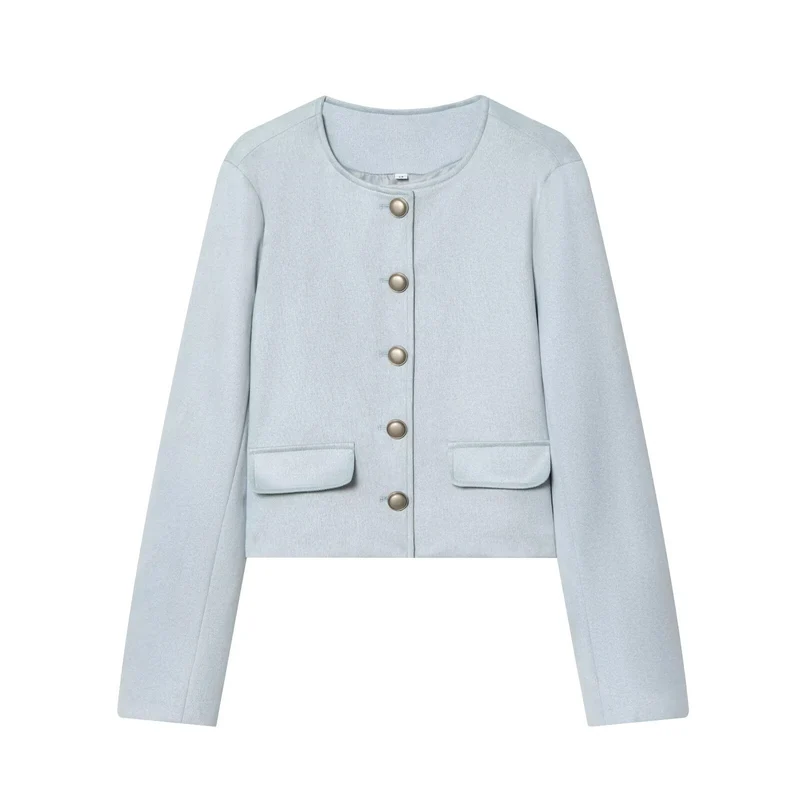 Damen Taillierte Cropped‑Bouclé‑Jacke mit Zierknopfleiste und Pattentaschen Nord Taschen