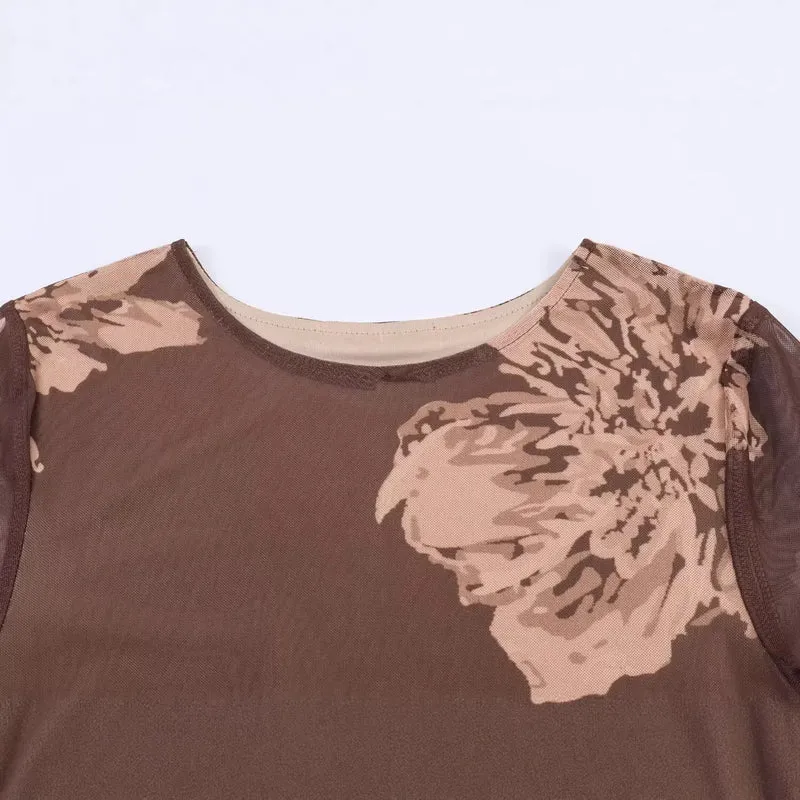 Damen Maxikleid mit semi-transparentem Mesh-Overlay, langen Ärmeln und ausgestellter A-Linie Nord Taschen