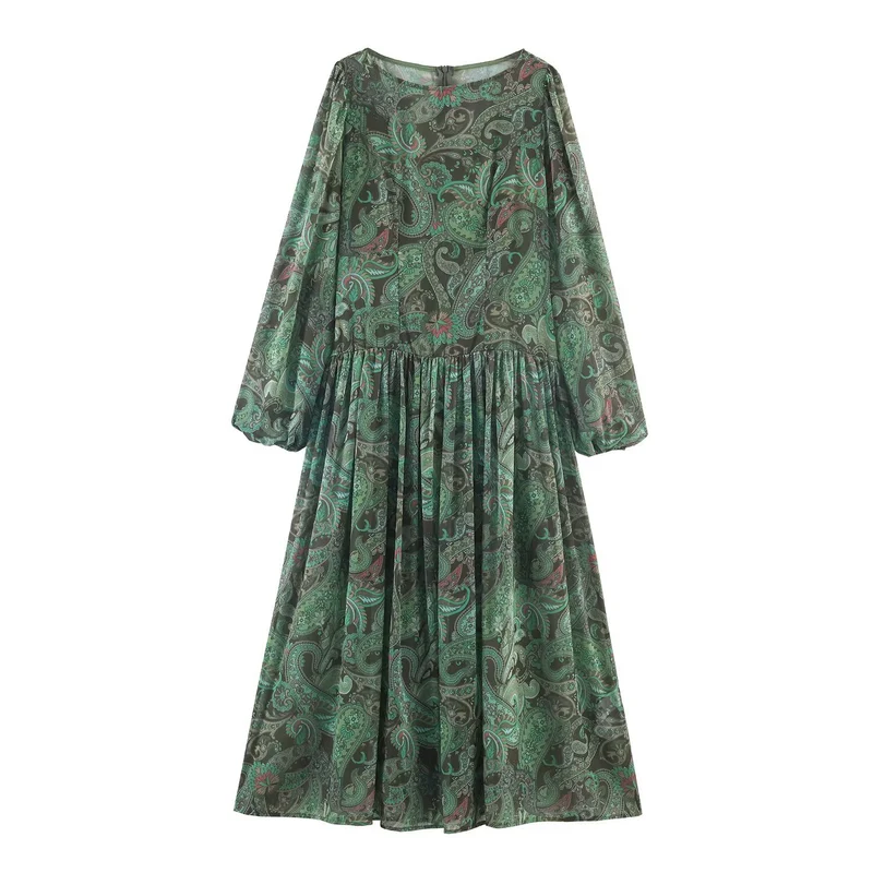 Damen Maxikleid mit Paisley-Print, transparentem Chiffon und Ballonärmeln Nord Taschen