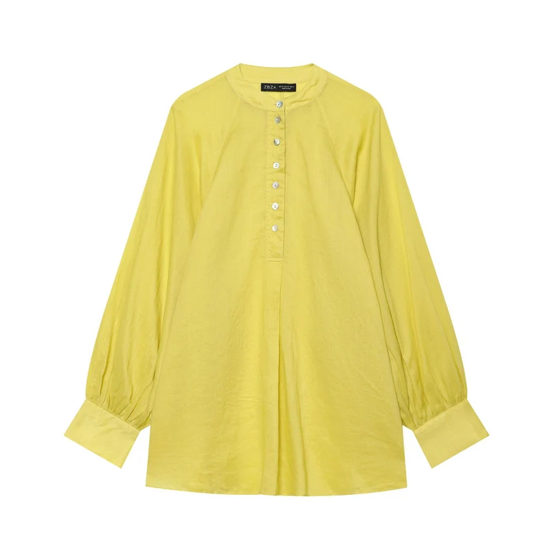 Damen Oversize Leinenbluse mit Stehkragen und Ballonärmeln Nord Taschen