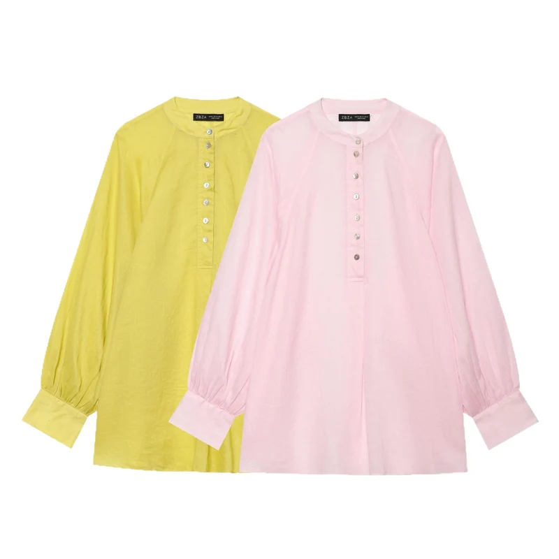 Damen Oversize Leinenbluse mit Stehkragen und Ballonärmeln Nord Taschen