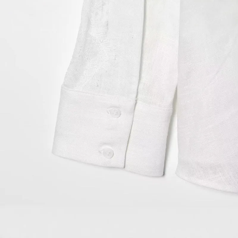 Damen Oversize Leinenbluse mit Spitzeneinsatz an Ärmeln und verdeckter Knopfleiste Nord Taschen