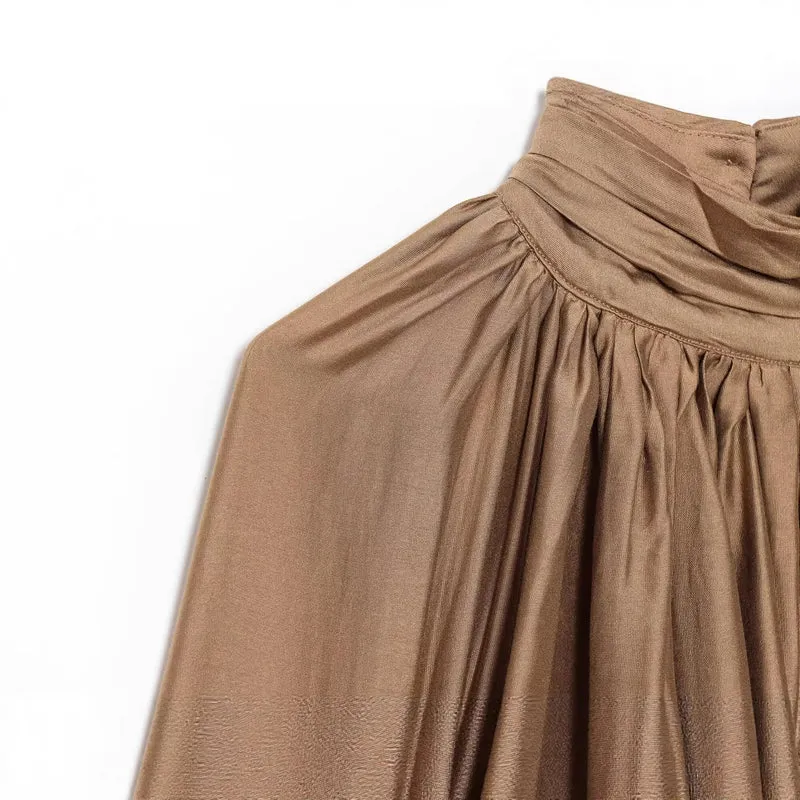 Damen Plissierte Satinbluse mit Stehkragen und Ballonärmeln Nord Taschen