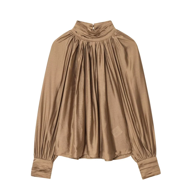 Damen Plissierte Satinbluse mit Stehkragen und Ballonärmeln Nord Taschen