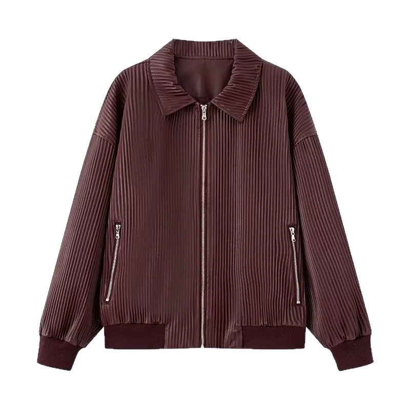 Damen Plissierte Bomberjacke mit feiner Längsstruktur, Metallreißverschluss und elastischen Bündchen Nord Taschen