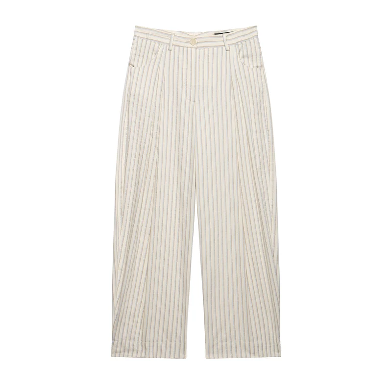 Damen Weite Leinenhose mit hoher Taille, Streifenmuster und aufgesetzten Taschen Nord Taschen