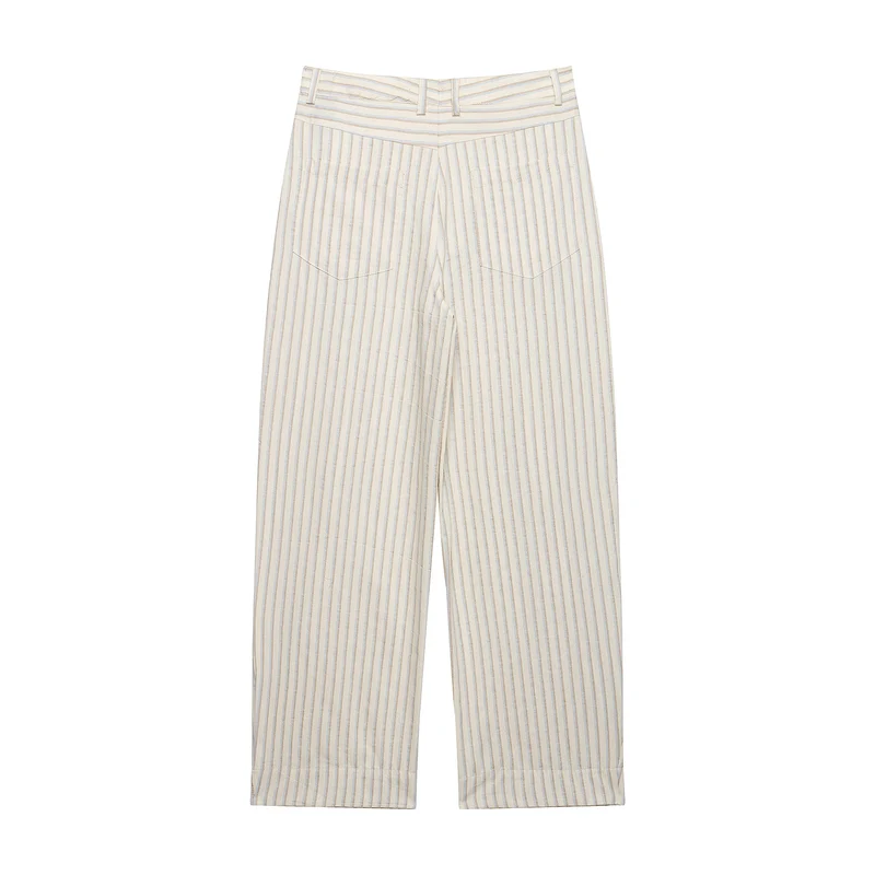 Damen Weite Leinenhose mit hoher Taille, Streifenmuster und aufgesetzten Taschen Nord Taschen