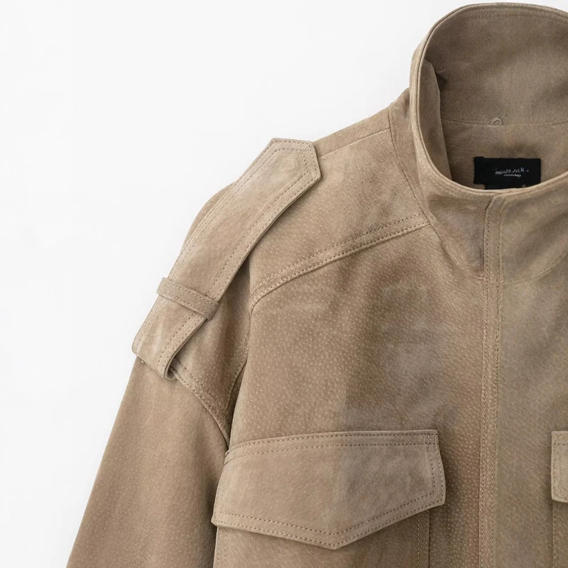 Damen Veloursleder-Bomberjacke mit Schulterpatten und aufgesetzten Brusttaschen Nord Taschen
