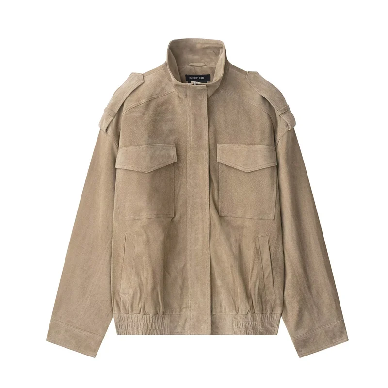 Damen Veloursleder-Bomberjacke mit Schulterpatten und aufgesetzten Brusttaschen Nord Taschen