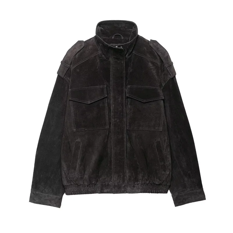 Damen Veloursleder-Bomberjacke mit Schulterpatten und aufgesetzten Brusttaschen Nord Taschen