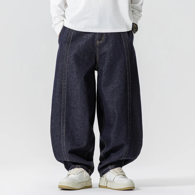 Herren Baggy-Denim-Hose mit extra weitem Bein, tiefem Schritt und sichtbaren Kontrastnähten Nord Taschen