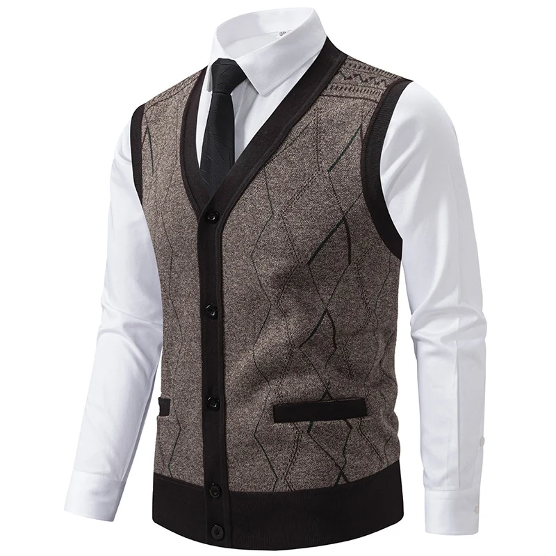Herren Ärmellose Strickweste mit Rauten‑Muster, V‑Ausschnitt und Knopfleiste Nord Taschen