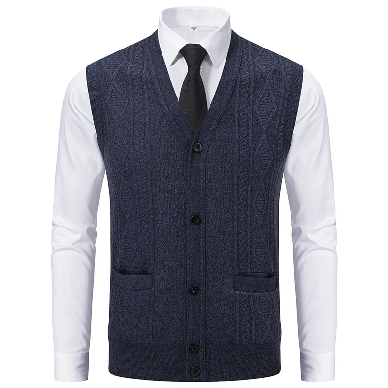 Herren Ärmellose Strickweste mit Rauten‑Muster, V‑Ausschnitt und Knopfleiste Nord Taschen