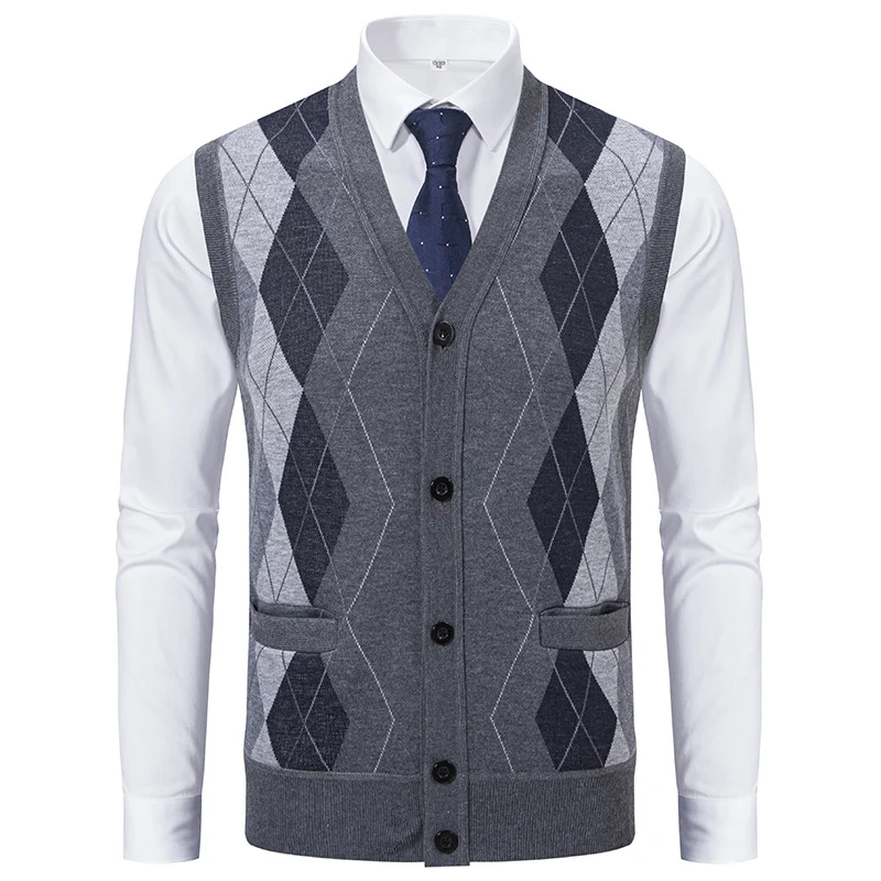 Herren Ärmellose Strickweste mit Rauten‑Muster, V‑Ausschnitt und Knopfleiste Nord Taschen
