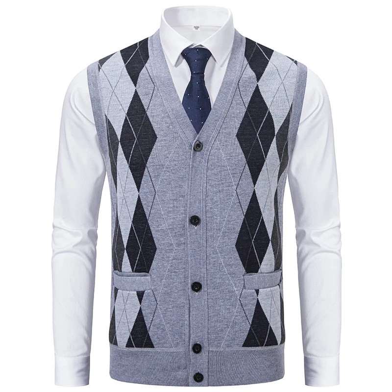 Herren Ärmellose Strickweste mit Rauten‑Muster, V‑Ausschnitt und Knopfleiste Nord Taschen