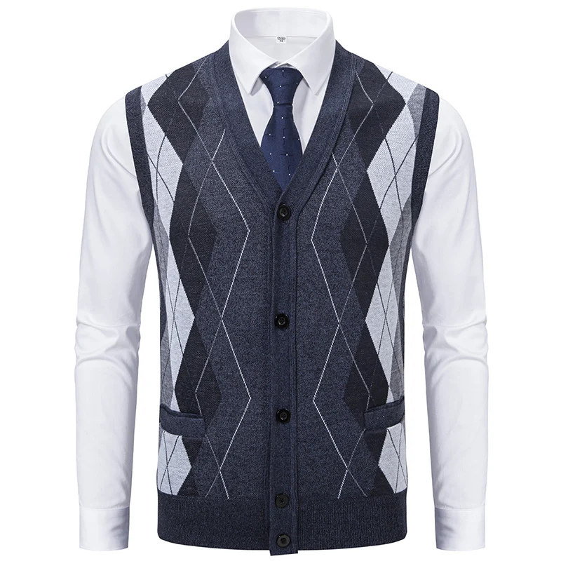 Herren Ärmellose Strickweste mit Rauten‑Muster, V‑Ausschnitt und Knopfleiste Nord Taschen