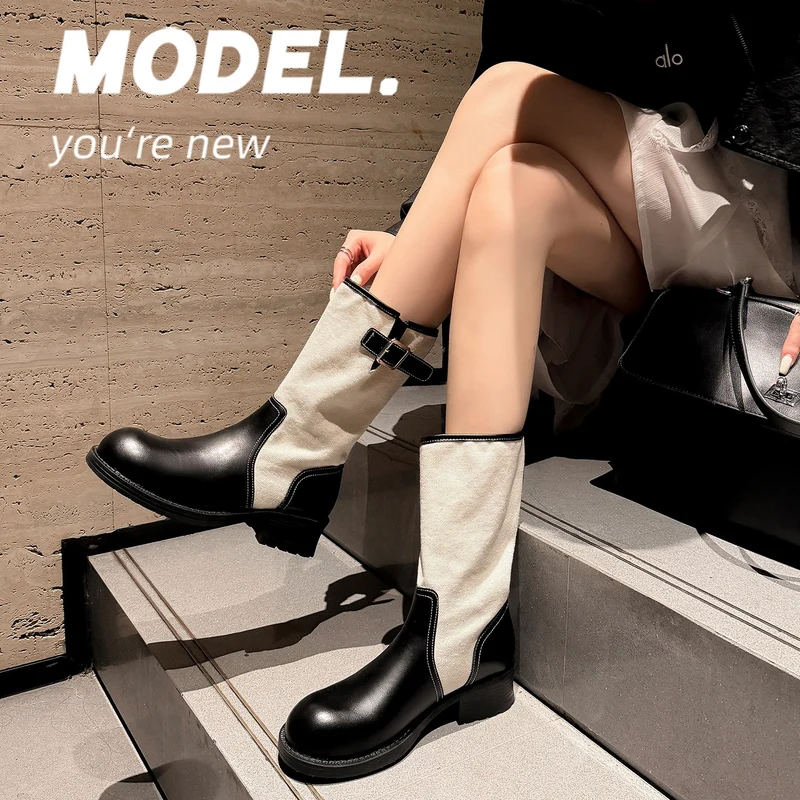 Damen Mid-Calf Stiefel aus Glattleder und Canvas mit Zier-Schnallenriemen Nord Taschen