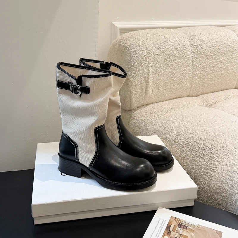 Damen Mid-Calf Stiefel aus Glattleder und Canvas mit Zier-Schnallenriemen Nord Taschen