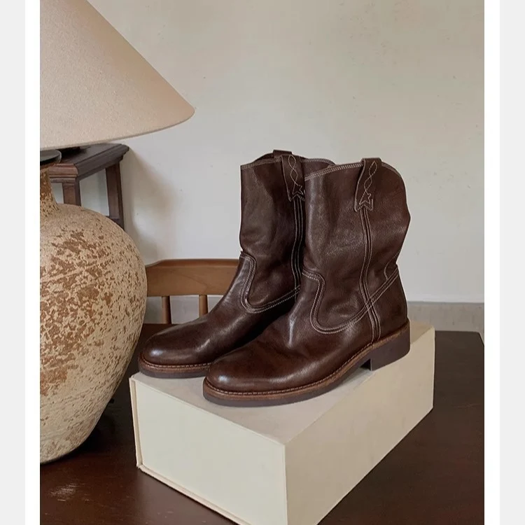 Damen Mid‑Calf Slouch Western‑Stiefel aus Glattleder mit Zuglaschen und profilierter Laufsohle Nord Taschen