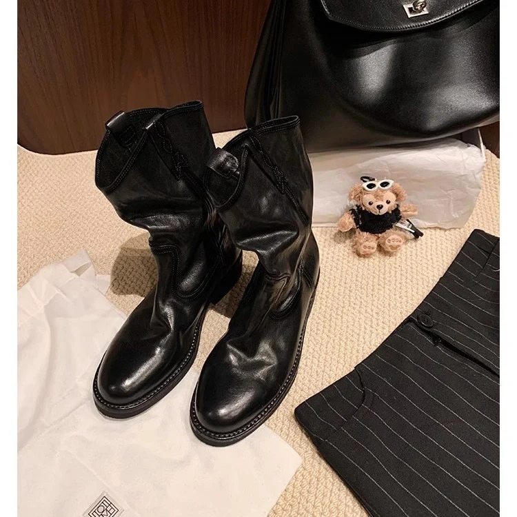 Damen Mid‑Calf Slouch Western‑Stiefel aus Glattleder mit Zuglaschen und profilierter Laufsohle Nord Taschen