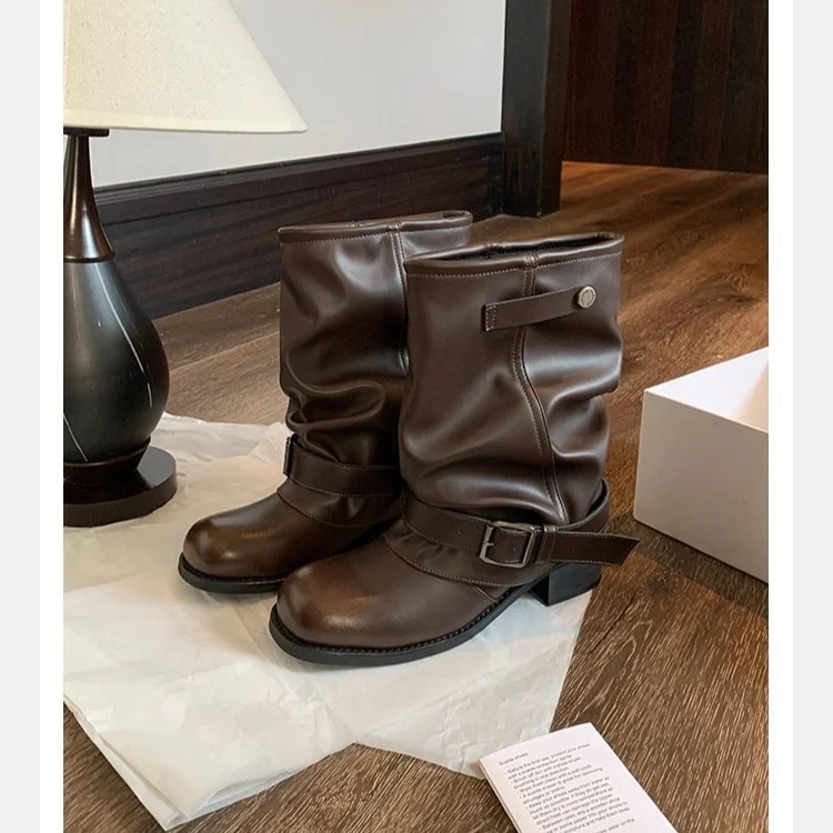 Damen Mid-Calf Bikerstiefel aus Glattleder mit verstellbarem Schnallenriemen Nord Taschen