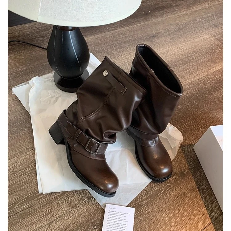 Damen Mid-Calf Bikerstiefel aus Glattleder mit verstellbarem Schnallenriemen Nord Taschen