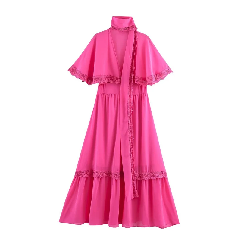Damen Maxikleid mit Capelet, Stehkragen und Spitzenverzierung Nord Taschen