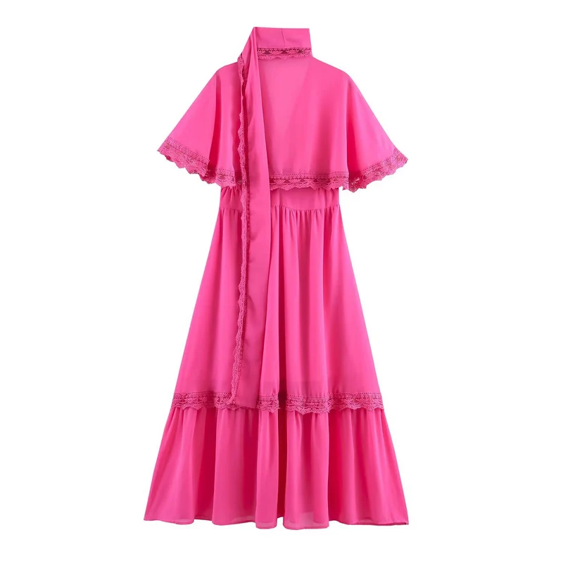 Damen Maxikleid mit Capelet, Stehkragen und Spitzenverzierung Nord Taschen
