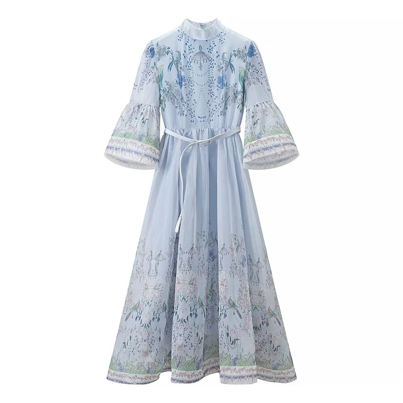 Damen Maxikleid im Vintage‑Print mit Stehkragen, Glockenärmeln und Taillengürtel Nord Taschen