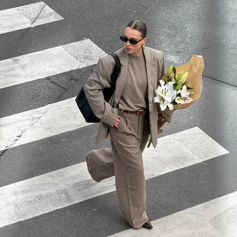 Damen Oversize-Kariertes Sakko mit Reverskragen und Pattentaschen Nord Taschen