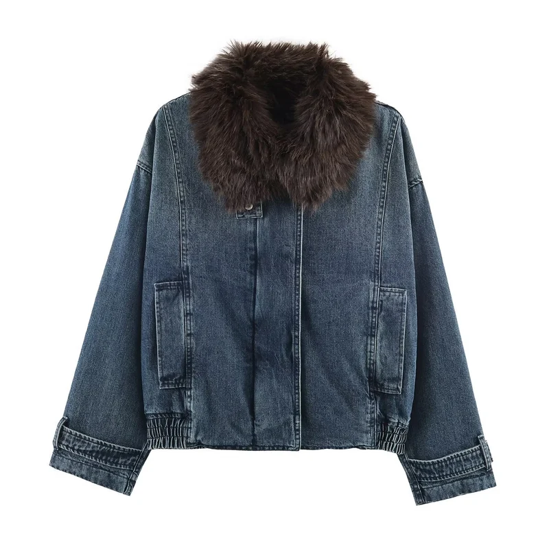 Damen Oversize-Jeansjacke mit voluminösem Kunstpelzkragen und elastischem Saum Nord Taschen