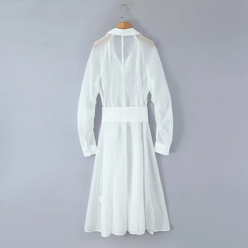 Damen Transparentes Hemdblusenkleid mit weitem Taillengürtel und Volantrock Nord Taschen