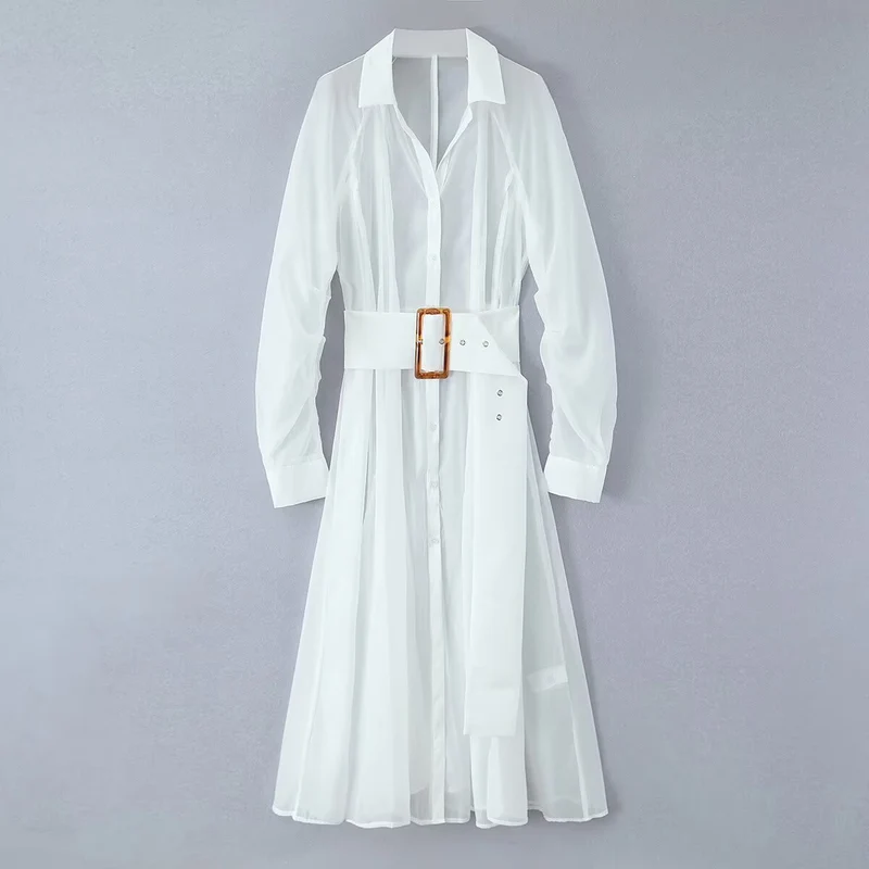 Damen Transparentes Hemdblusenkleid mit weitem Taillengürtel und Volantrock Nord Taschen
