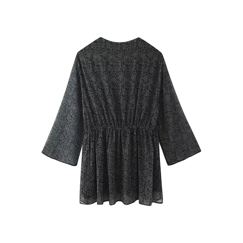 Damen Transparentes Boho-Tunika-Kleid mit V-Ausschnitt, Kordelzug und Quasten Nord Taschen
