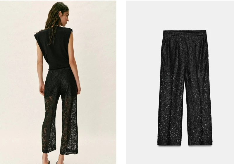 Damen Transparente Spitzenhose mit geradem Bein und elastischem Bund Nord Taschen