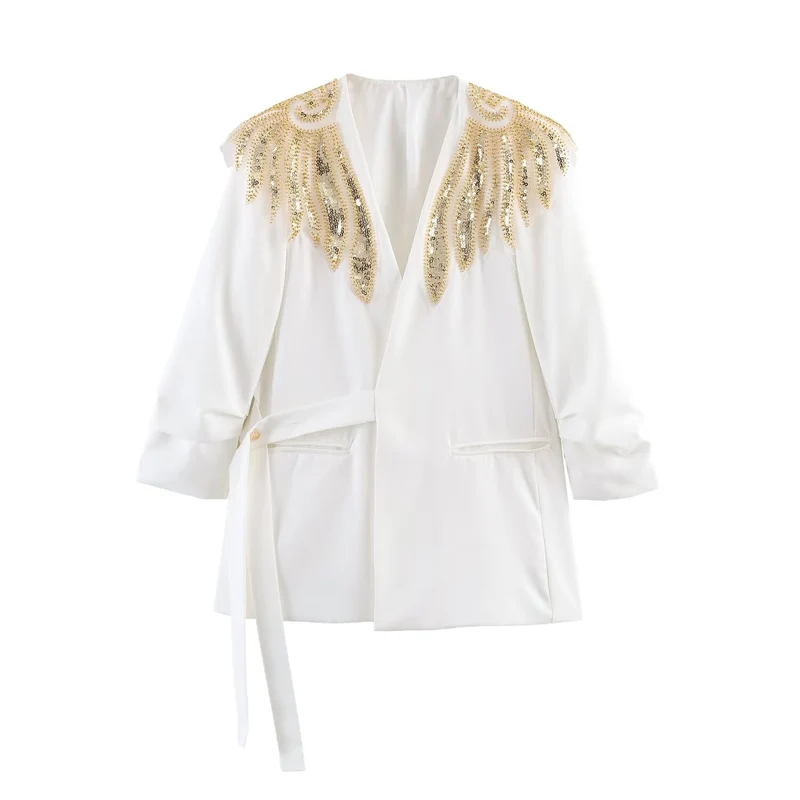 Damen Langline-Blazer mit goldbestickten Schultern und Bindegürtel Nord Taschen