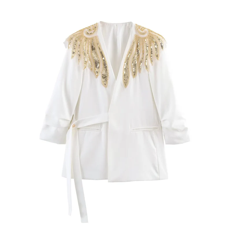Damen Langline-Blazer mit goldbestickten Schultern und Bindegürtel Nord Taschen