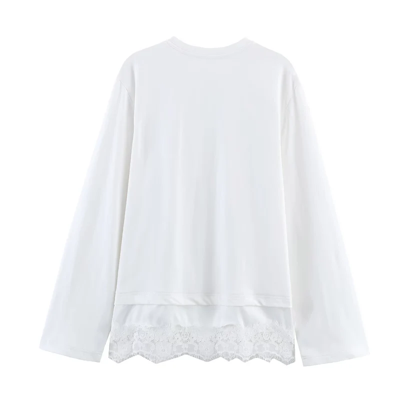 Damen Langes Relaxed‑Shirt mit Rundhals und Spitzenbesatz am Saum Nord Taschen