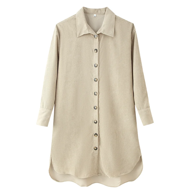 Damen Langes Hemdkleid aus Cord‑Ripp mit durchgehender Knopfleiste, Hemdkragen und abgerundetem Saum Nord Taschen