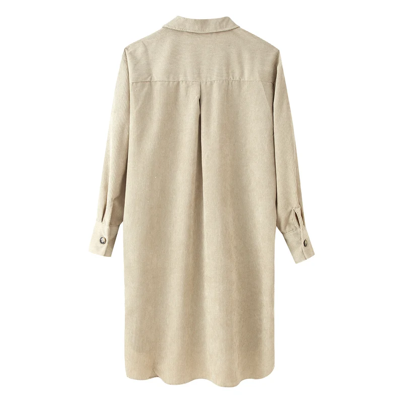 Damen Langes Hemdkleid aus Cord‑Ripp mit durchgehender Knopfleiste, Hemdkragen und abgerundetem Saum Nord Taschen