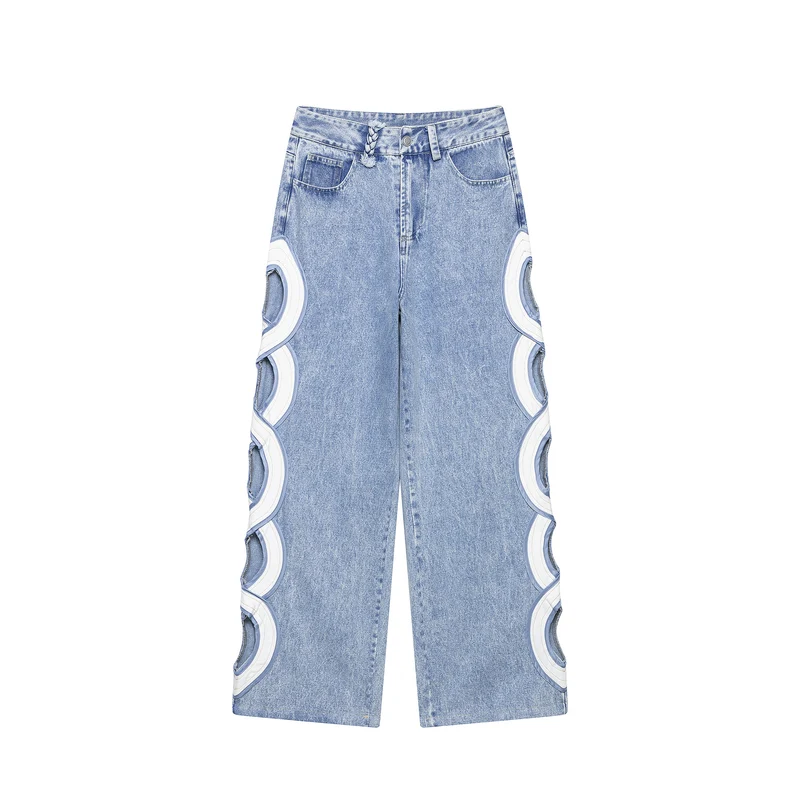 Damen Weite High Waist Jeans mit seitlichen Rundcutouts und Zierborte Nord Taschen