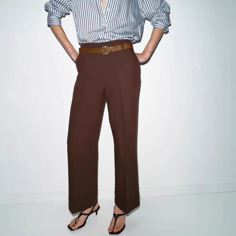 Damen Weite High‑Waist‑Hose mit Umschlagsaum, Bügelfalte und Taillengürtel Nord Taschen