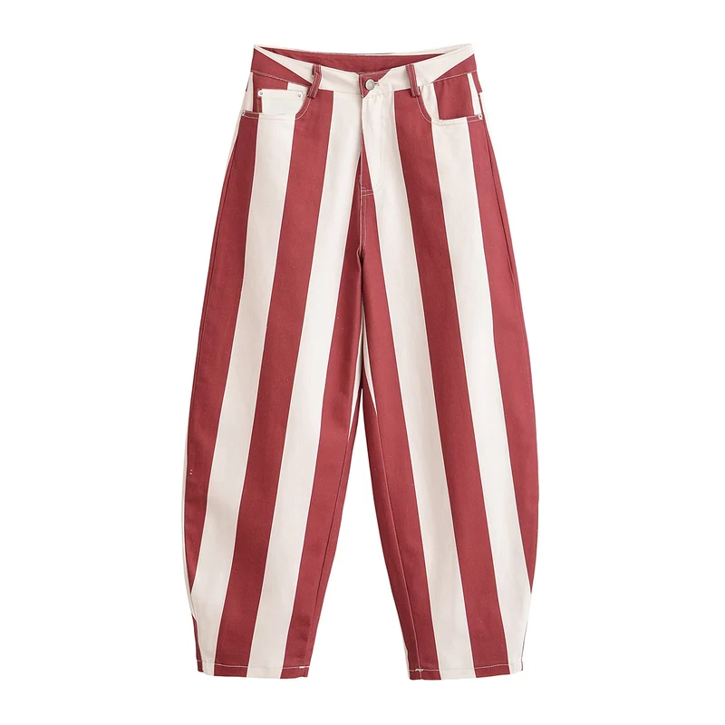 Damen Weite High‑Waist‑Hose mit maritimen Blockstreifen und tapered Bein Nord Taschen