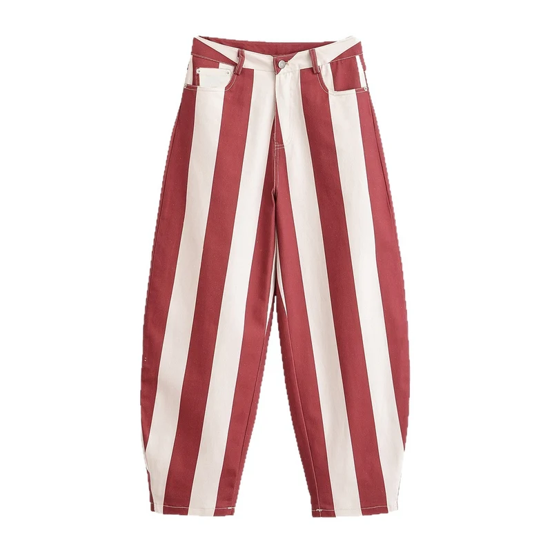 Damen Weite High‑Waist‑Hose mit maritimen Blockstreifen und tapered Bein Nord Taschen