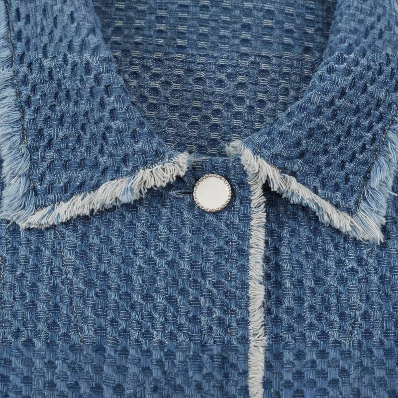 Damen strukturierte Kurzjacke aus Bouclé-Denim mit Fransensaum Nord Taschen